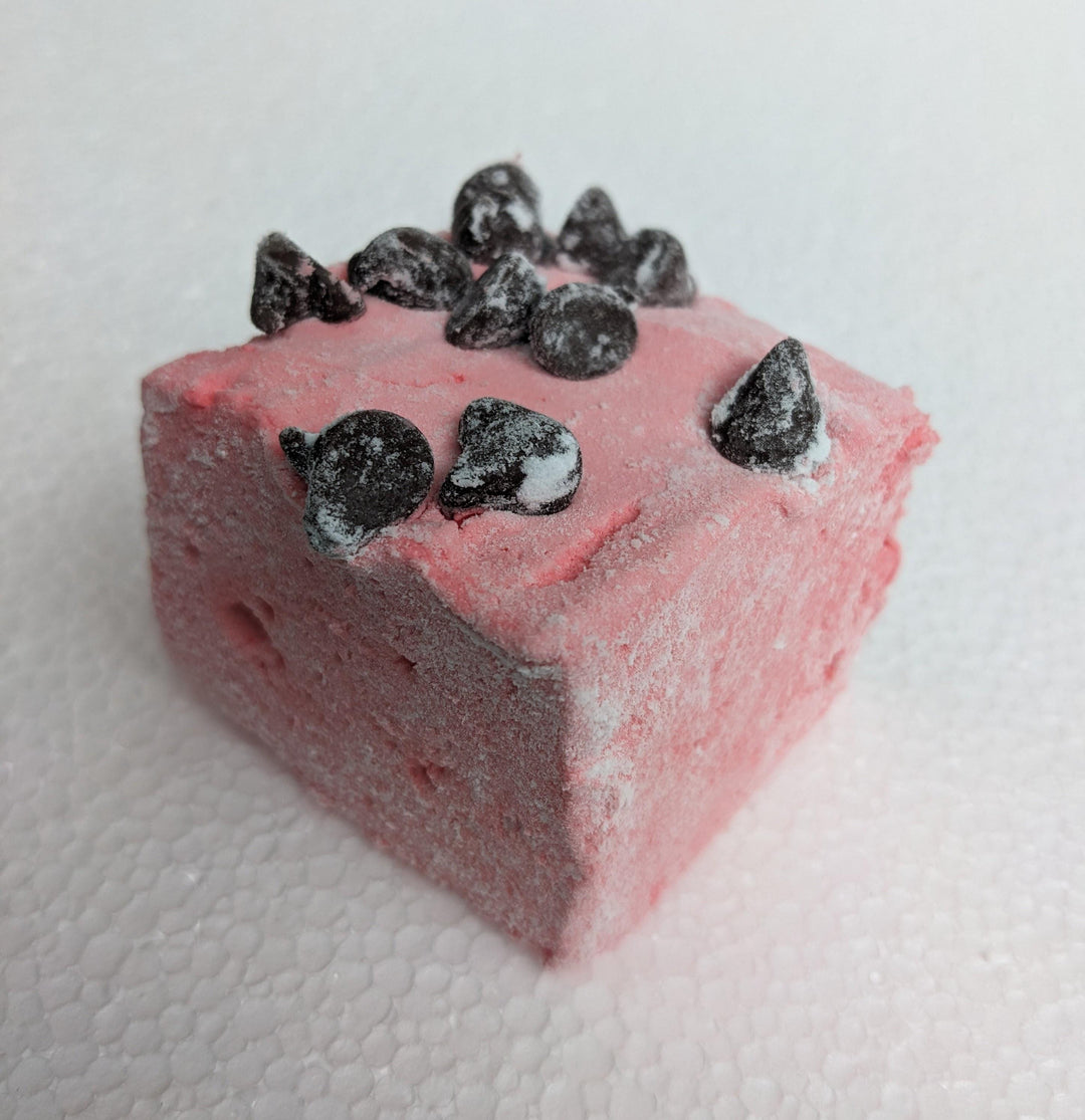 A single Gourmet Handcrafted Wild Cherry Chip Marshmallows on a white background