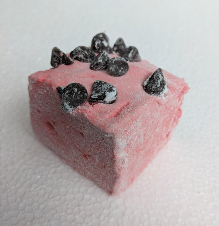 A single Gourmet Handcrafted Wild Cherry Chip Marshmallows on a white background