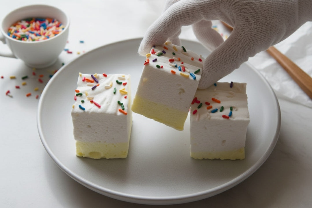 Three birthday cake gourmet marshmallows made with beef gelatin and organic marshmallow root, featuring a white top, light yellow base, and rainbow sprinkles. Displayed on a white plate with a gloved hand gently picking one up. Clean-label, corn syrup-free marshmallows ideal for hygienic handling, upscale gifting, and summer-safe shipping.