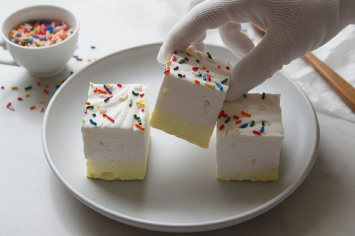 Three birthday cake gourmet marshmallows made with beef gelatin and organic marshmallow root, featuring a white top, light yellow base, and rainbow sprinkles. Displayed on a white plate with a gloved hand gently picking one up. Clean-label, corn syrup-free marshmallows ideal for hygienic handling, upscale gifting, and summer-safe shipping.