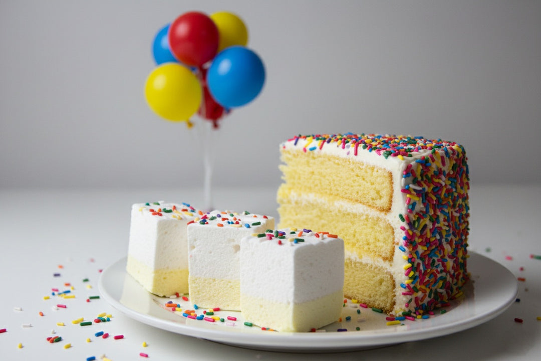 Three birthday cake gourmet marshmallows made with beef gelatin and organic marshmallow root, featuring a white top, light yellow base, and rainbow sprinkles. Displayed on a white plate with a slice of sprinkle-topped birthday cake in the background, colorful balloons behind, and rainbow sprinkles scattered on the table. Clean-label, corn syrup-free marshmallows perfect for festive gifting and summer-safe shipping.