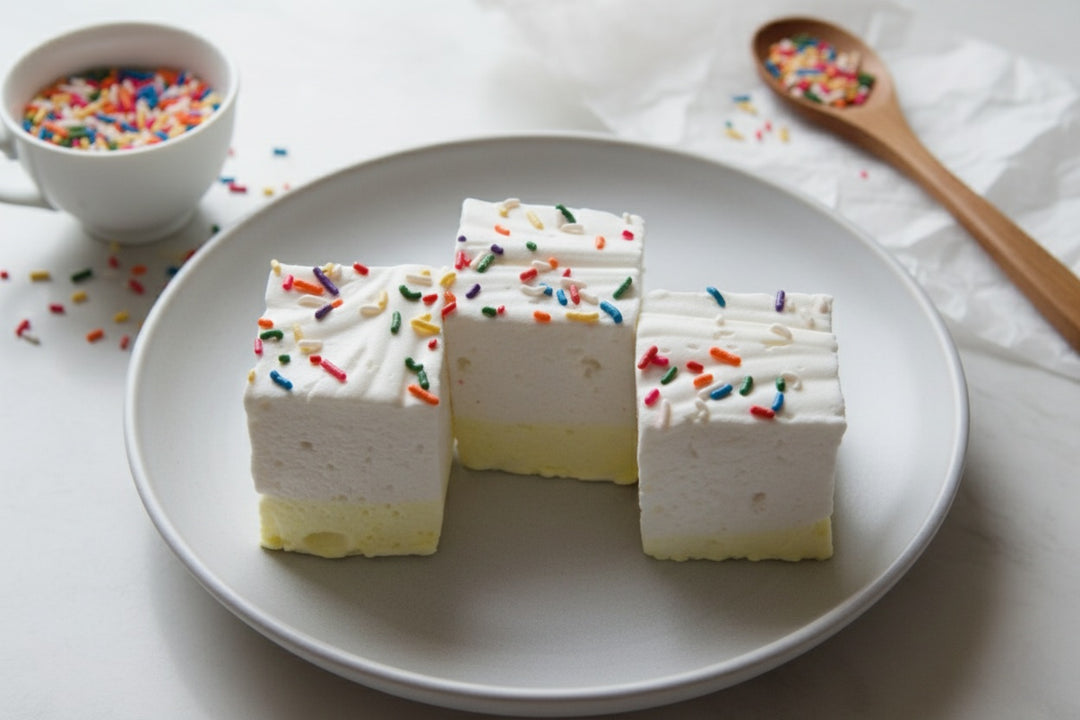 Three birthday cake gourmet marshmallows made with beef gelatin and organic marshmallow root, featuring a white top, light yellow base, and rainbow sprinkles. Arranged on a white plate with a cup of sprinkles and a wooden spoon filled with sprinkles in the background. Clean-label, corn syrup-free marshmallows ideal for festive gifting and summer-safe shipping.