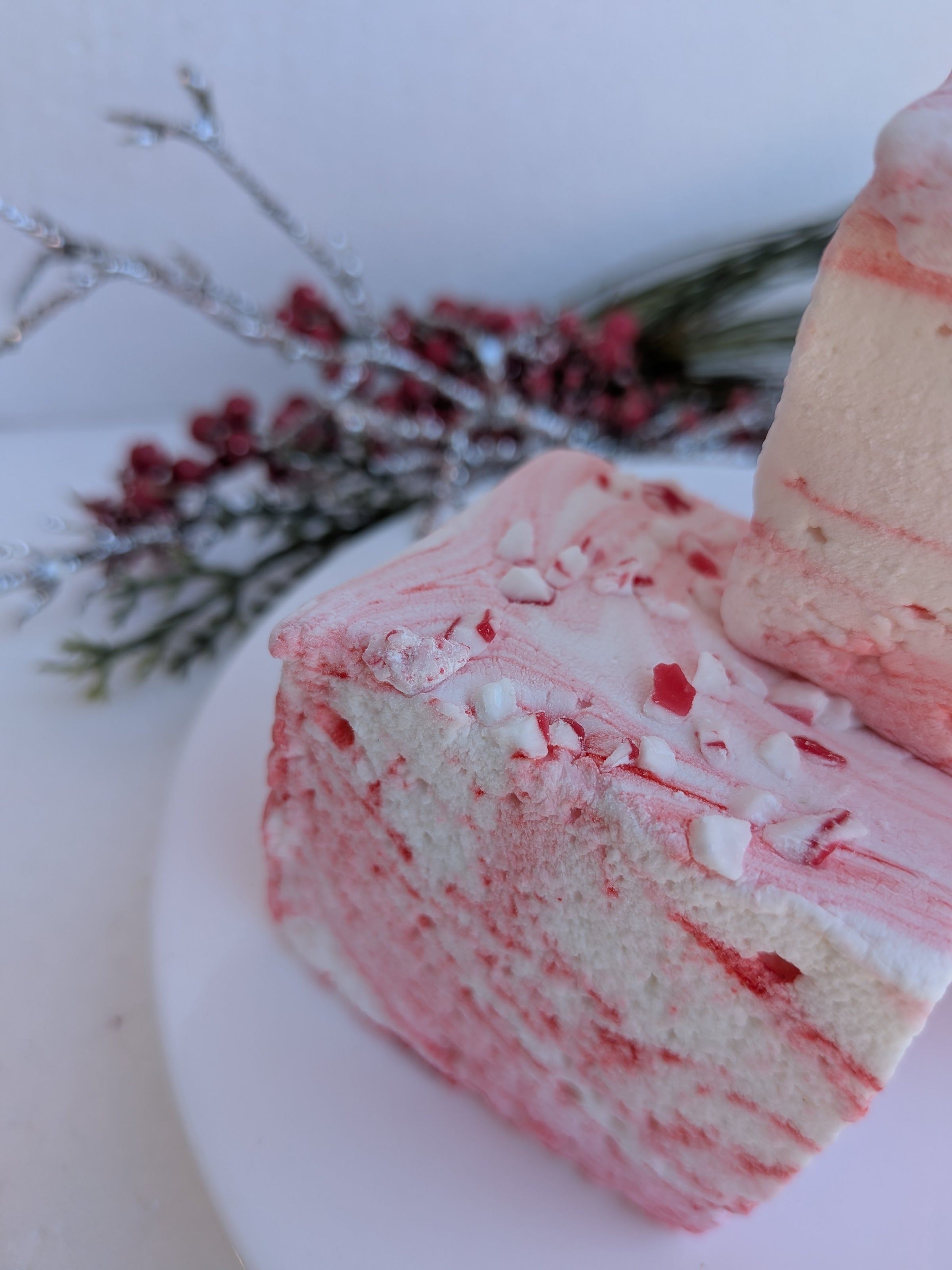 Close-up of a stacked trio of real Candy Cane gourmet marshmallows by The Toasty S’more, showcasing crushed peppermint detail and pillowy texture. Made with beef gelatin and organic marshmallow root for a corn-syrup free, clean-label holiday treat.