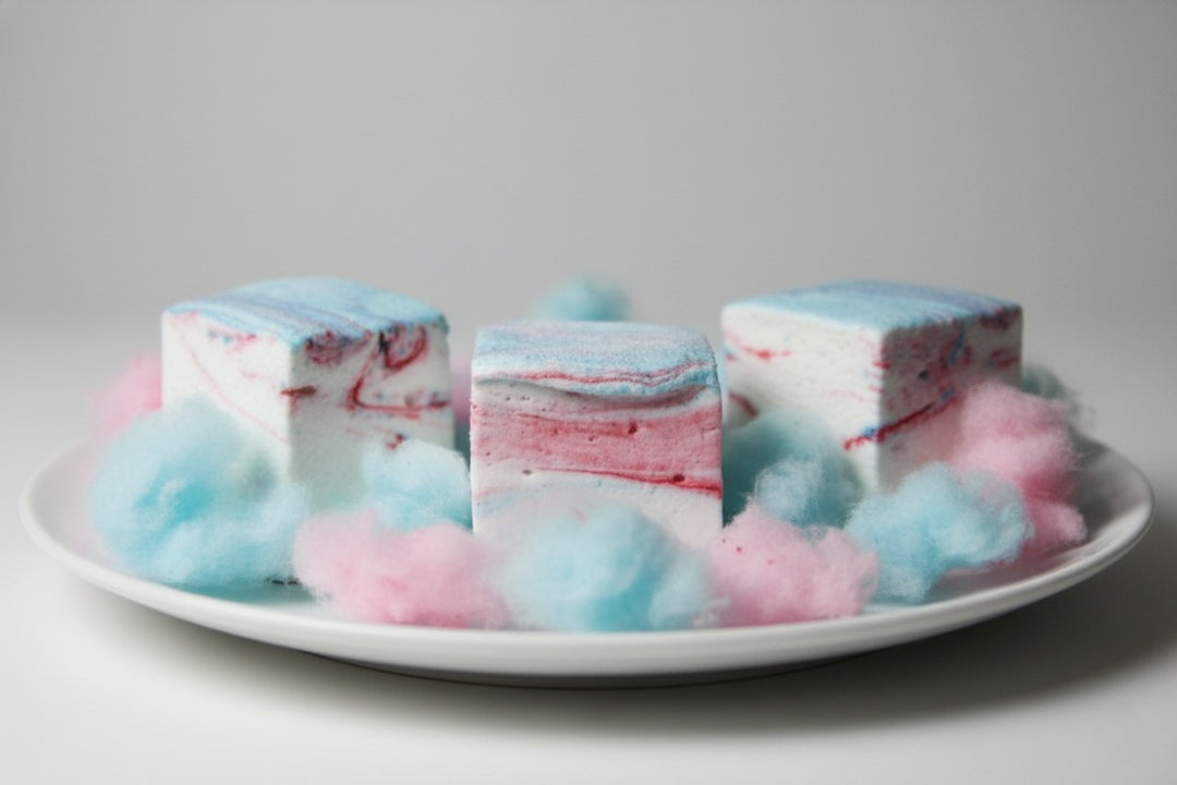 Three cotton candy gourmet marshmallows made with beef gelatin and organic marshmallow root, featuring a soft pink and blue swirl. Surrounded by small fluffs of real cotton candy for a whimsical, carnival-inspired presentation. Clean-label, corn syrup-free marshmallows crafted for nostalgic flavor and vibrant gifting