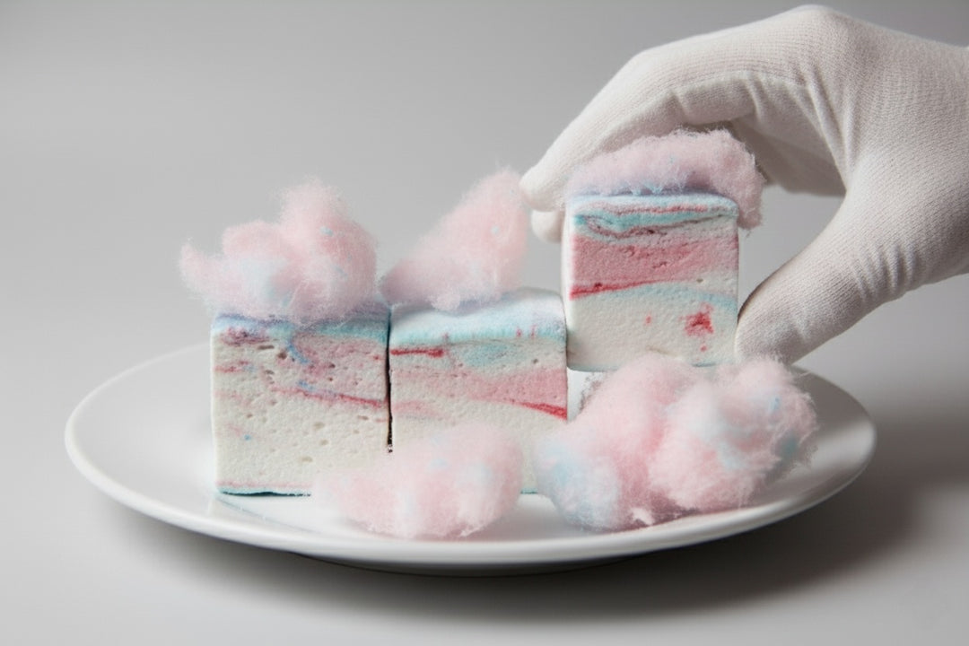 Three cotton candy gourmet marshmallows made with beef gelatin and organic marshmallow root, stacked vertically with a gloved hand gently picking up the top marshmallow. Styled with pink and blue swirls and fluffy cotton candy in the background. Clean-label, corn syrup-free marshmallows crafted for hygienic handling and whimsical gifting