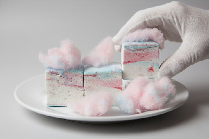 Three cotton candy gourmet marshmallows made with beef gelatin and organic marshmallow root, stacked vertically with a gloved hand gently picking up the top marshmallow. Styled with pink and blue swirls and fluffy cotton candy in the background. Clean-label, corn syrup-free marshmallows crafted for hygienic handling and whimsical gifting