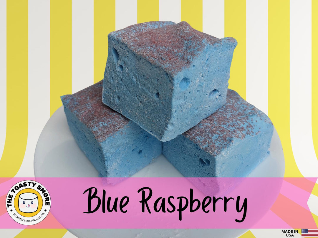Delicious Blue Raspberry Gourmet Marshmallows from The Toasty Smore, Displayed on a White Plate with a made in usa with flag in the corner