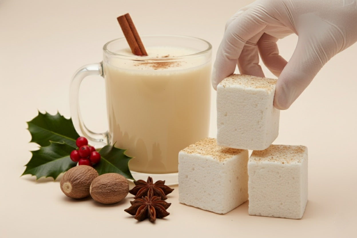 A gloved hand gently picks up one of three eggnog gourmet marshmallows by The Toasty S’more, styled with festive eggnog, cinnamon stick, nutmeg, star anise, and holly. Handcrafted, corn-syrup free, and made with beef gelatin and organic marshmallow root for a clean-label holiday indulgence.