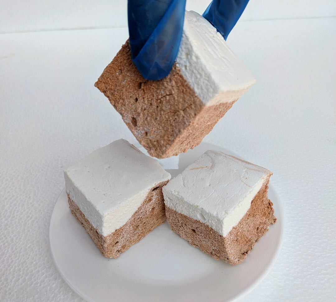 A gloved hand gently lifts one extra-large Butterbeer marshmallow from a clean, white plate, showcasing its pillowy texture. Two more marshmallows rest behind it, emphasizing their handcrafted, USA-made quality. Made with premium gelatin and no corn syrup, these gourmet treats are perfect for s’mores, desserts, or gifting. 
