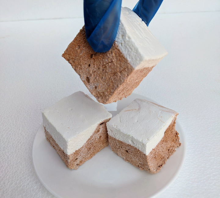A gloved hand gently lifts one extra-large Butterbeer marshmallow from a clean, white plate, showcasing its pillowy texture. Two more marshmallows rest behind it, emphasizing their handcrafted, USA-made quality. Made with premium gelatin and no corn syrup, these gourmet treats are perfect for s’mores, desserts, or gifting. 

