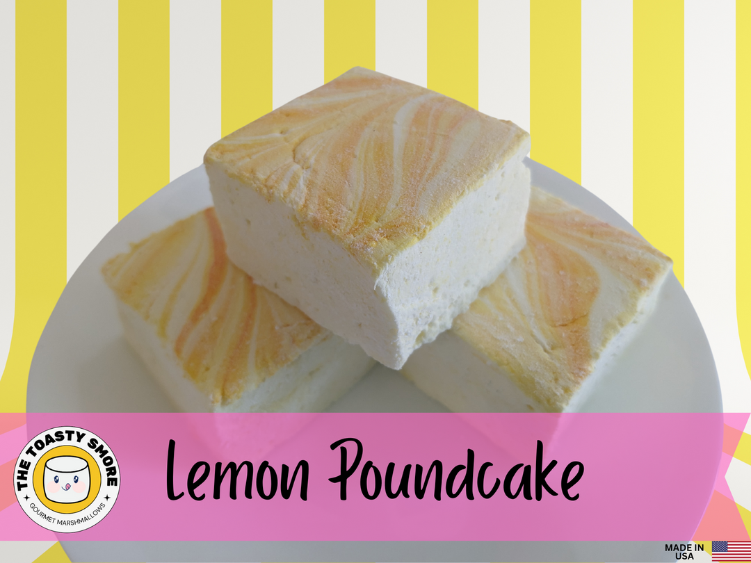 A plate of Gourmet Handcrafted Lemon Pound Cake Marshmallows – Artisan Treats for Hot Chocolate & S'mores, Made with Beef Gelatin by the Toasty Smore with made in USA flag