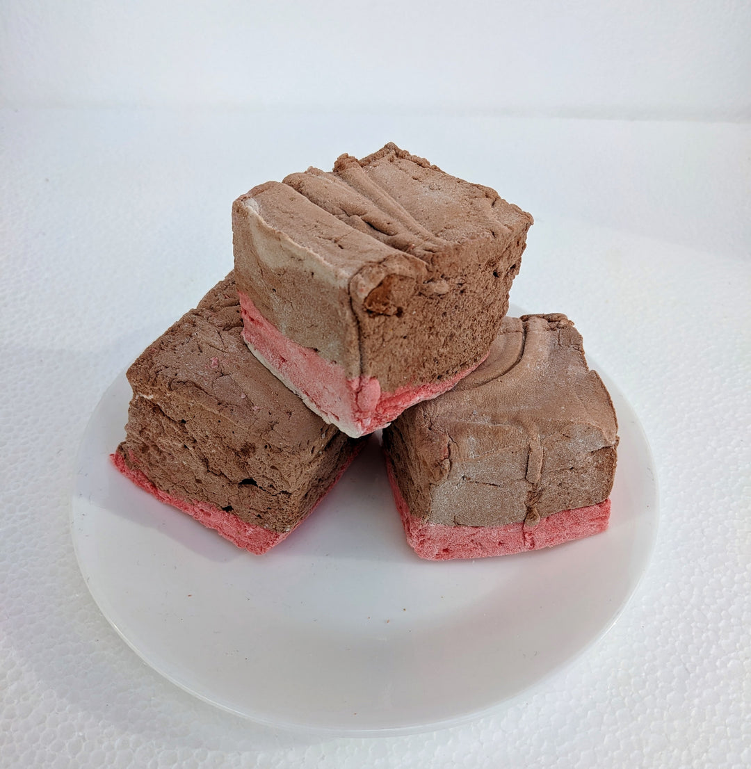 Stack of Three Handcrafted Gourmet Red Rose Pudding Marshmallows on a White Background with The Toasty Smore