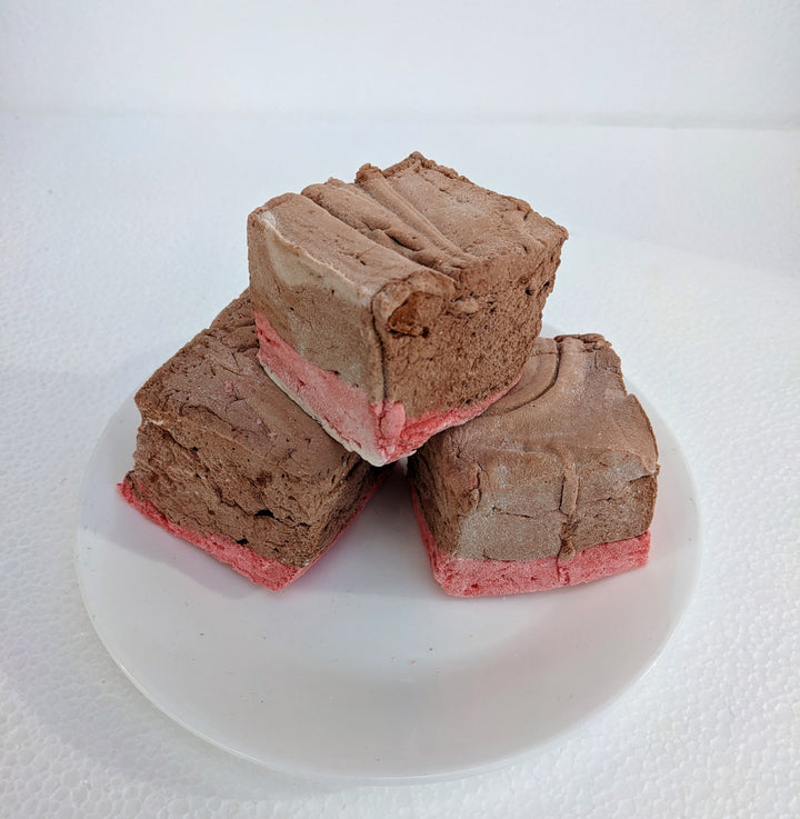 Stack of Three Handcrafted Gourmet Red Rose Pudding Marshmallows on a White Background with The Toasty Smore