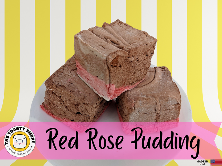 Stack of Three Handcrafted Gourmet Red Rose Pudding Marshmallows on a Yellow and White Striped Background with The Toasty Smore Logo and Made in USA Flag