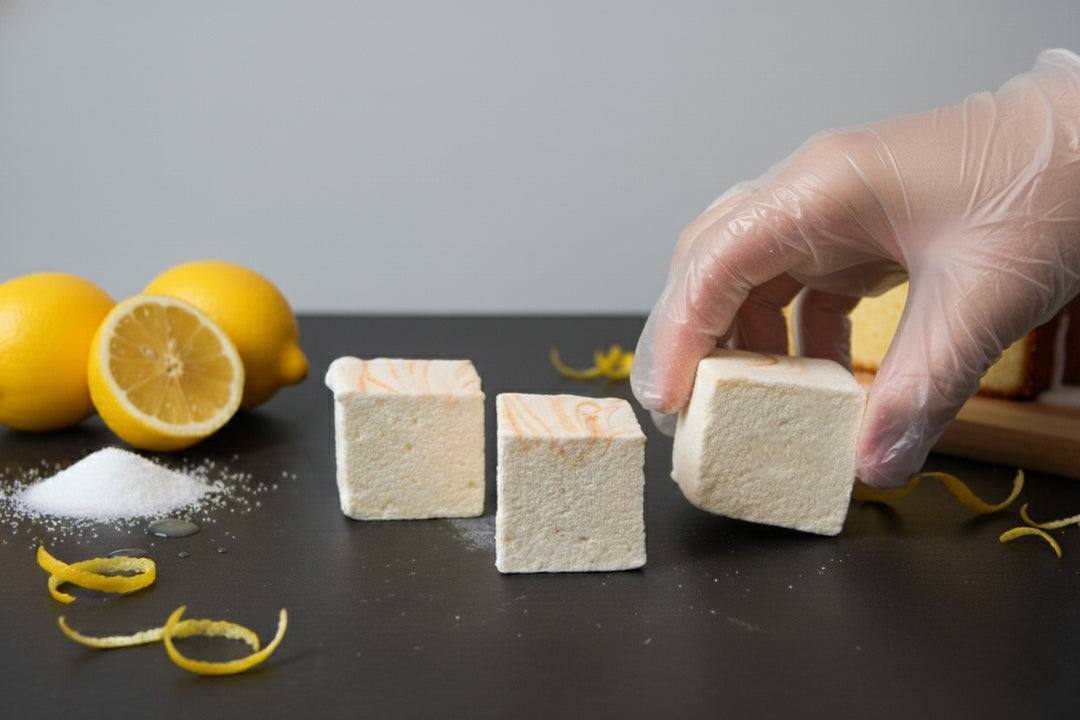 A gloved hand lifts one of three Lemon Pound Cake marshmallows by The Toasty S’more, topped with lemon zest and styled on a dark surface with fresh lemons and a sliced pound cake in the background. Handcrafted, corn-syrup free, and made with beef gelatin and organic marshmallow root for a clean-label indulgence.