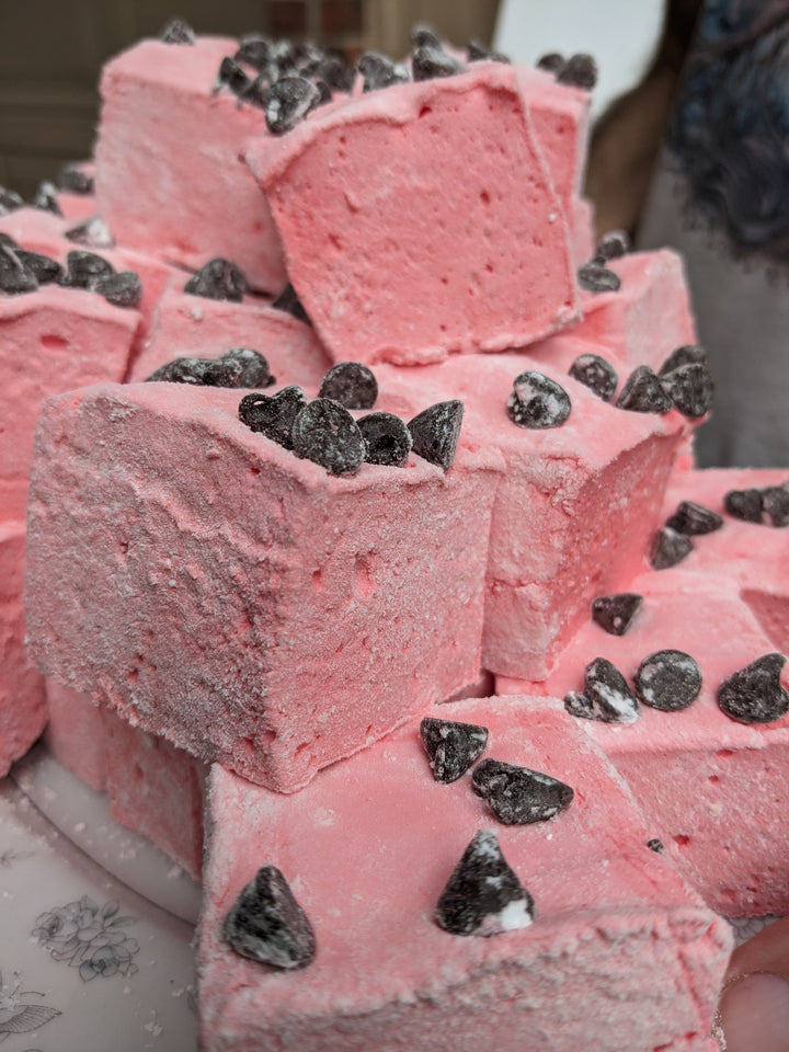 A pile of Gourmet Handcrafted Wild Cherry Chip Marshmallows stacked up high