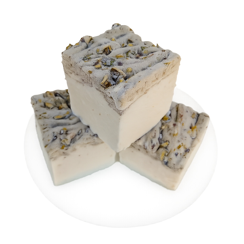 Three pistachio marshmallows made with beef gelatin and organic marshmallow root, arranged on a white plate with one piece standing upright on top of three. The clean-label marshmallows have a white base and a textured pistachio‑studded top, photographed against a plain background.