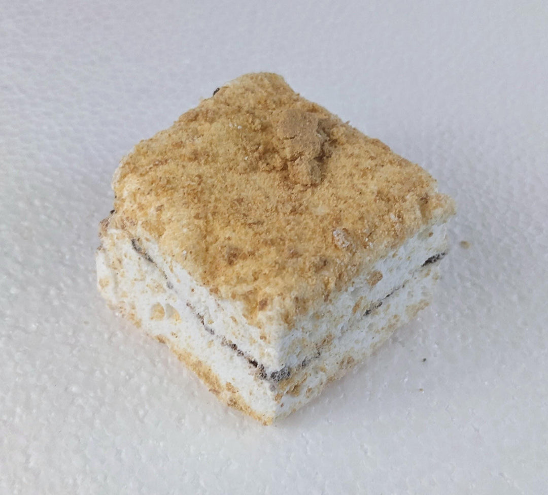 Single s’mores marshmallow bar coated in graham crumbs with a chocolate layer inside, resting on a white textured surface.