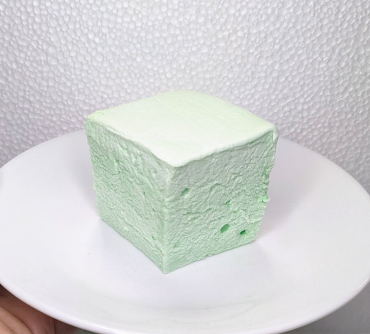 A single mint green marshmallow on a white plate, displayed on a clean, white background.