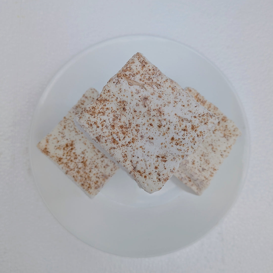 Three soft, fluffy horchata marshmallows coated with cinnamon on both sides, no added color, clean‑label real marshmallows made in small batches.