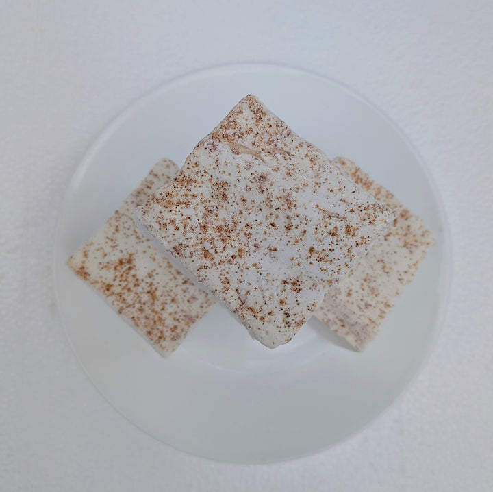 Three soft, fluffy horchata marshmallows coated with cinnamon on both sides, no added color, clean‑label real marshmallows made in small batches.