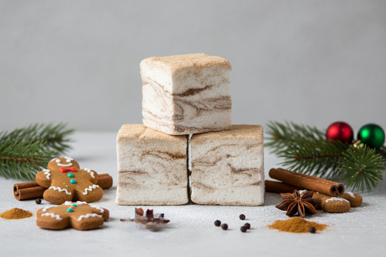 Three stacked gingerbread gourmet marshmallows by The Toasty S’more, surrounded by festive Christmas decor including cookies, ornaments, cinnamon sticks, star anise, and evergreen branches. Made with beef gelatin and organic marshmallow root for a clean-label, handcrafted holiday treat.