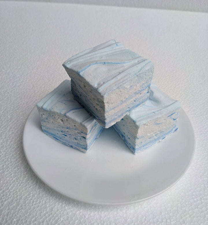 Three Gourmet Handcrafted Junket with Blueberries Marshmallows on a white plate and white background