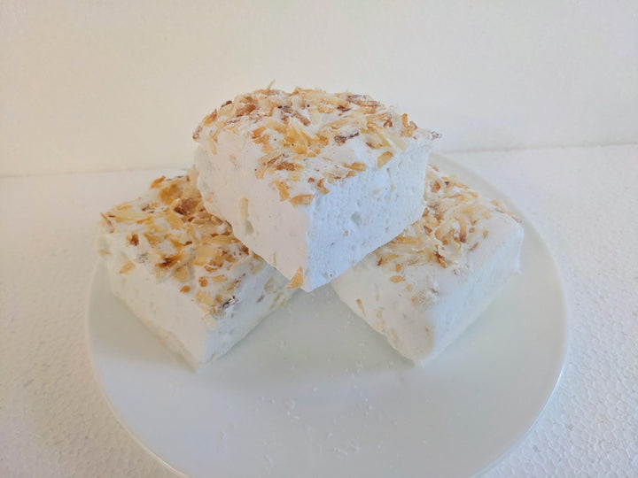 Three toasted coconut flavored marshmallows, displayed on a clean, white background. Each marshmallow has a light beige hue, topped with golden brown toasted coconut flakes. The soft, fluffy texture and uniform shape of the marshmallows emphasize the artisanal quality and delightful appearance of these gourmet treats.