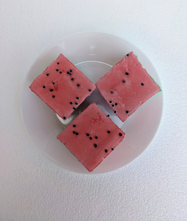 A top-down view of three watermelon-inspired gourmet marshmallows, handcrafted and made in the USA by The Toasty Smore, arranged on a white plate. Each marshmallow features a green base and a red top, designed to resemble a juicy watermelon slice. Tiny black sprinkles are scattered across the red layer, mimicking watermelon seeds. The overhead perspective showcases their vibrant colors and fluffy texture, making them one of the best fruity marshmallow treats for a fun and delicious experience.