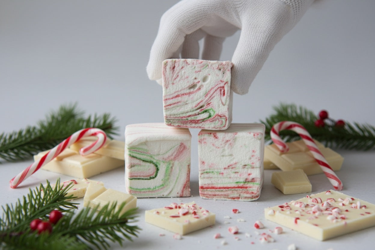 White Chocolate Peppermint Bark marshmallows by The Toasty S’more, held in a gloved hand with crushed candy canes, white chocolate pieces, and festive Christmas branches in the background. Handcrafted with beef gelatin and organic marshmallow root for a corn-syrup free, clean-label holiday treat.