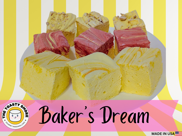 Assorted pieces of gourmet marshmallows on a plate with 'The Toasty Smore' logo and 'Baker's Dream' text.