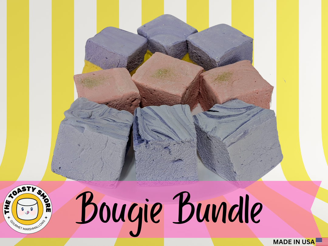 Bougie bundle marshmallows with colorful packaging on a striped background