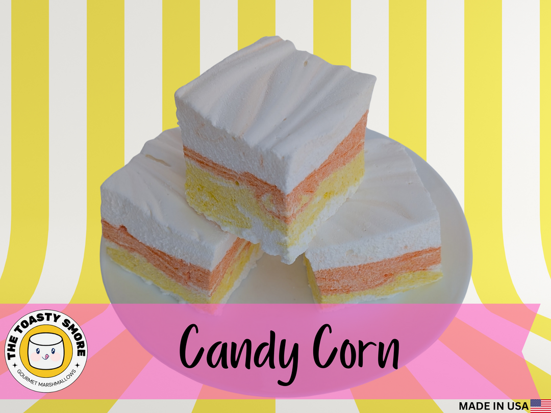 candy corn gourmet marshmallows with 'The Toasty Smore' logo and 'Candy Corn' text on a striped background.