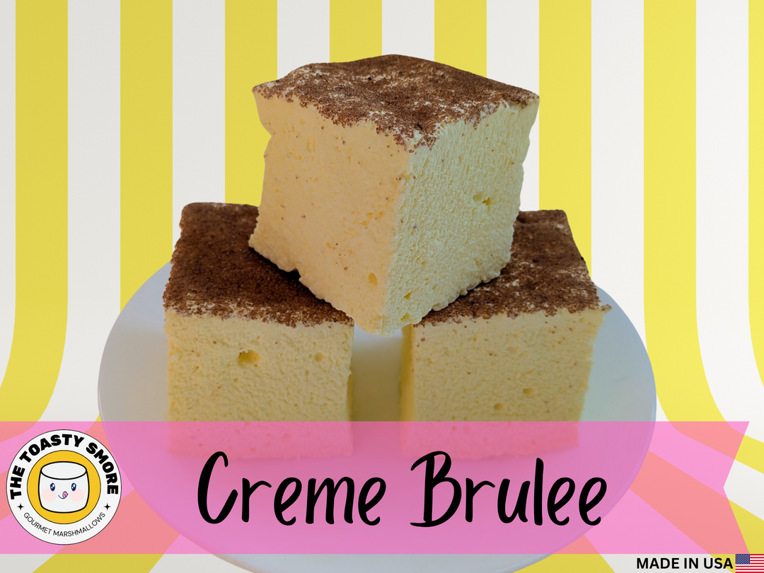 Creme Brulee dessert with a striped yellow and white background, featuring The Toasty Smore brand.