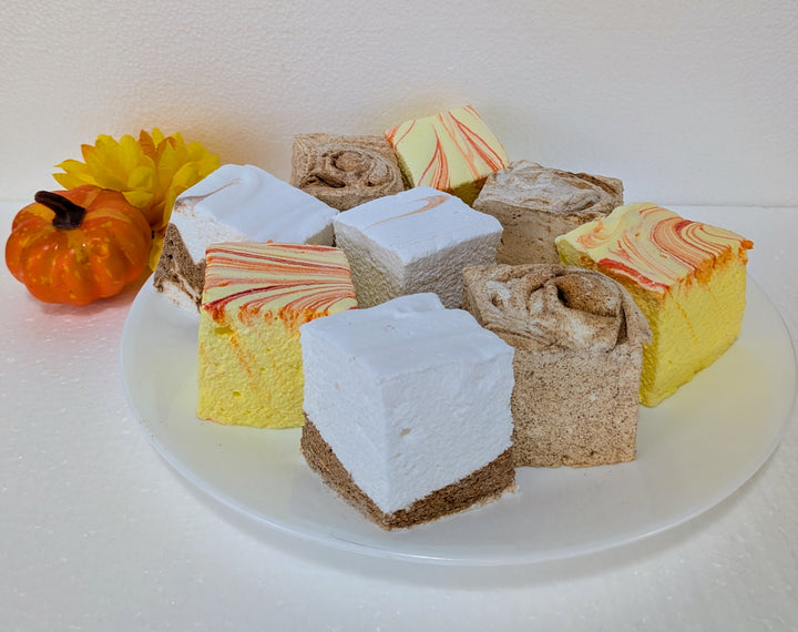 Assorted marshmallow bars fall cravings gourmet marshmallow bundle on a white plate with pumpkins in the background