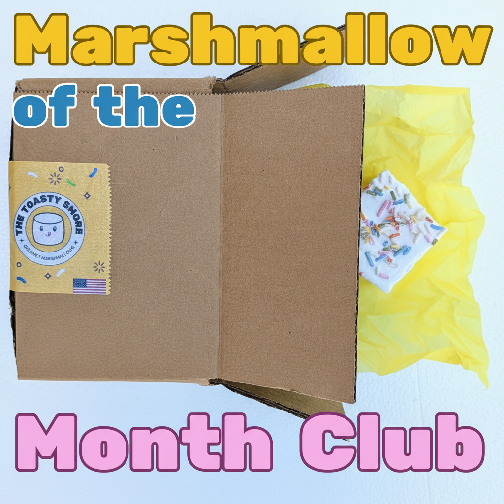 Marshmallow of the Month Club subscription box with a handmade 2‑inch gourmet marshmallow peeking out of a brown kraft box lined with yellow tissue paper, made with beef gelatin and organic marshmallow root, corn‑syrup free and small‑batch crafted by The Toasty S’more.