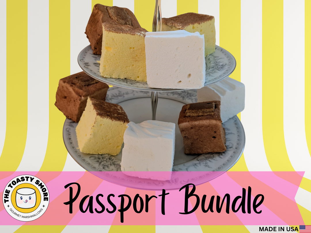 Three-tiered stand with various types of marshmallows on a striped yellow and white background, featuring 'The Toasty Snorer' logo and text.