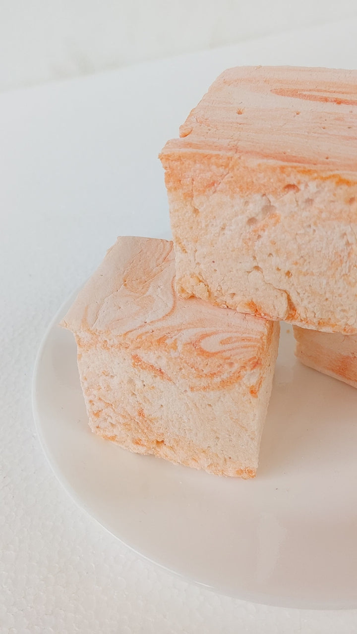 salted caramel gourmet marshmallows being shown in video zoomed in to show pillowy texture and best handmade gourmet marshmallows in the usa