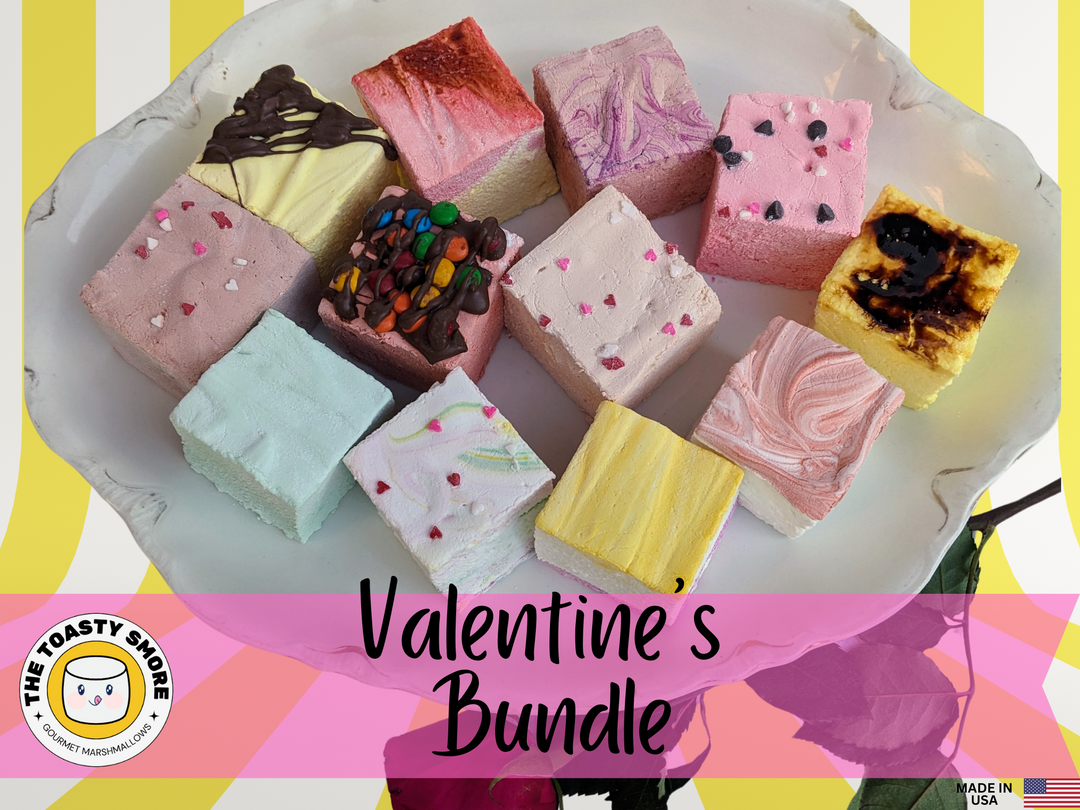 A plate of gourmet marshmallows, including flavors creme brulee, peanut butter, salted caramel, butter vanilla, mint, tutti frutti, banana split, toasted strawberry cheesecake, dulce de leche, wild cherry chip, amaretto, and double Dutch chocolate.